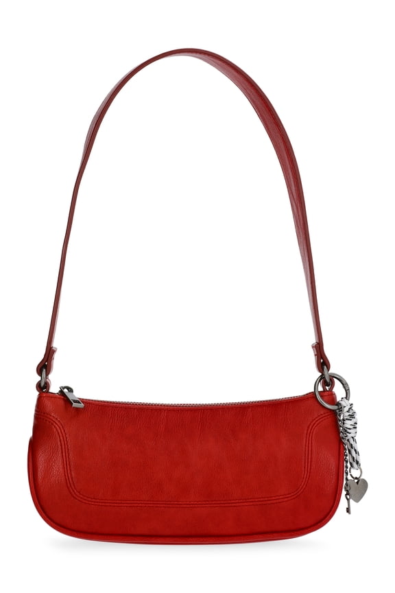Women's Faux Leather Moto Shoulder Bag with Bag Charm, Carmine Red