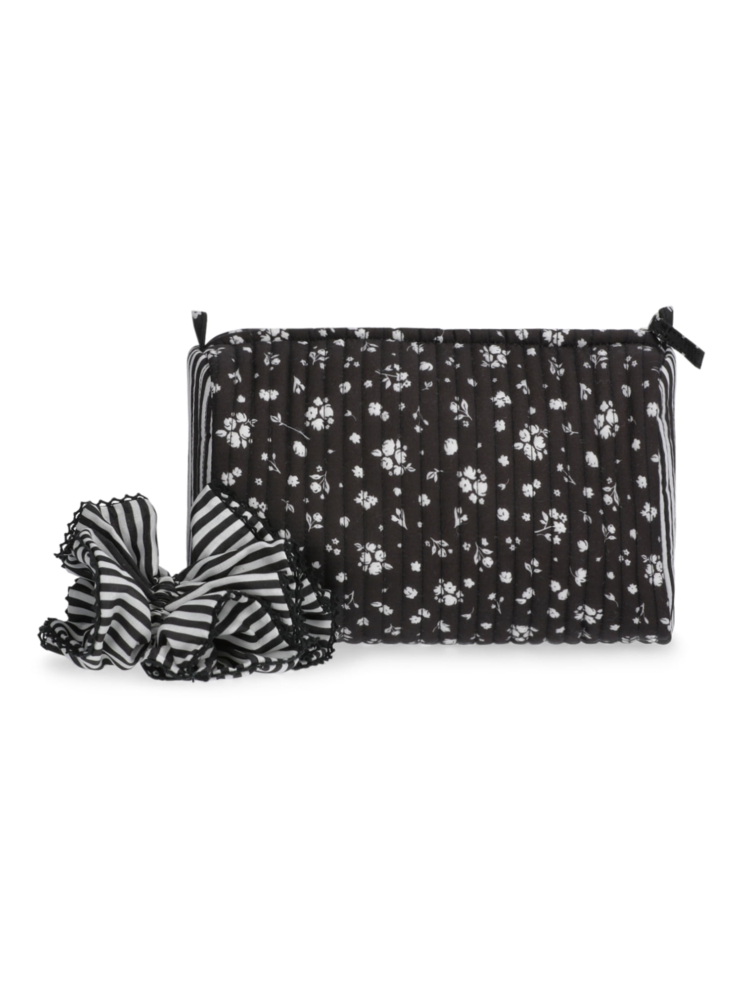 No Boundaries Women's Quilted Pouch and Hair Scrunchie Set, 2-Piece, Balck Ditsy/Floral