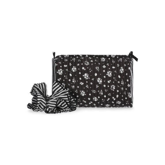 No Boundaries Women's Quilted Pouch and Hair Scrunchie Set, 2-Piece, Balck Ditsy/Floral