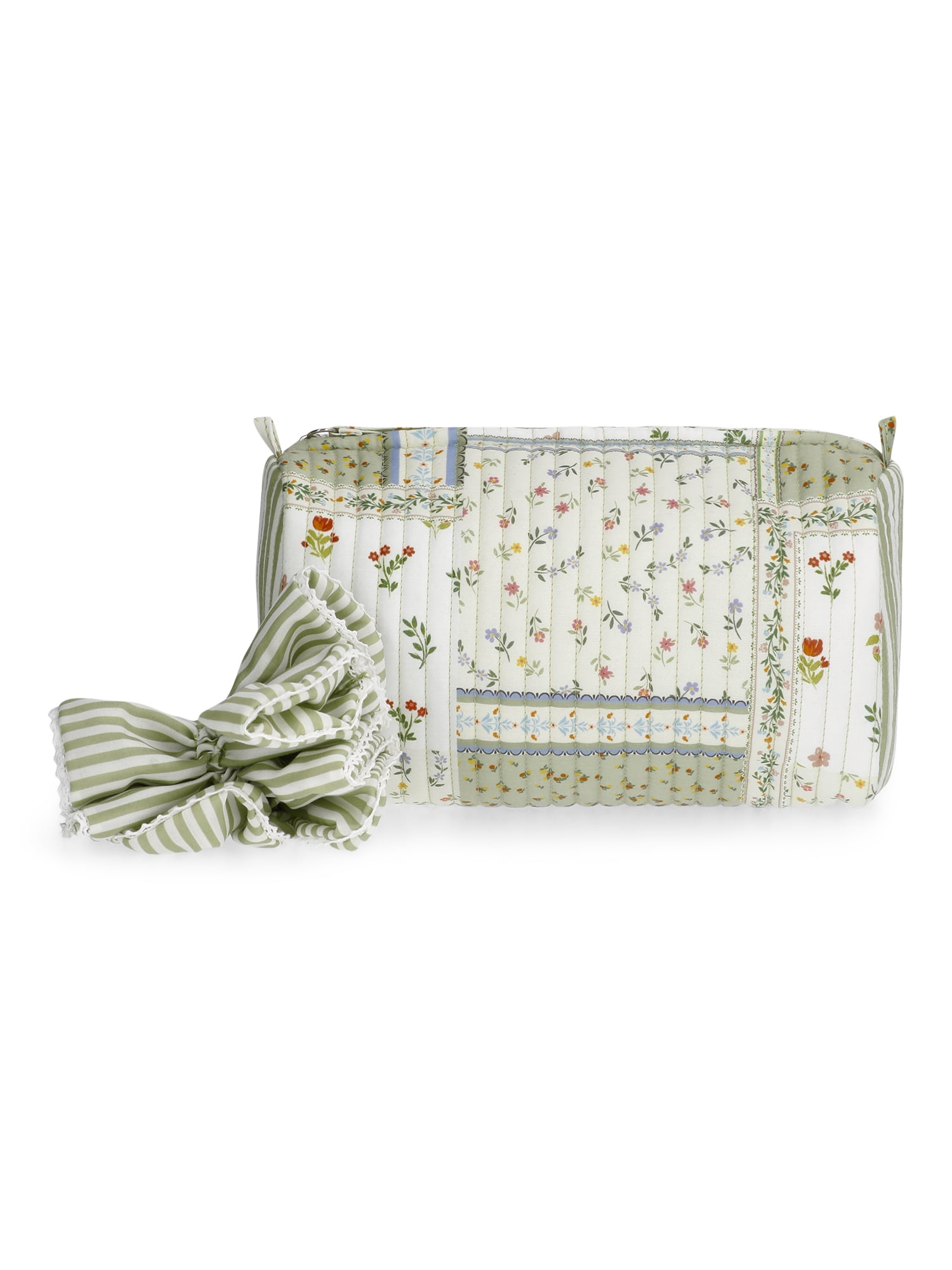 No Boundaries Women's Quilted Pouch and Hair Scrunchie Set, 2-Piece, Green Patchwork Floral/Stripe