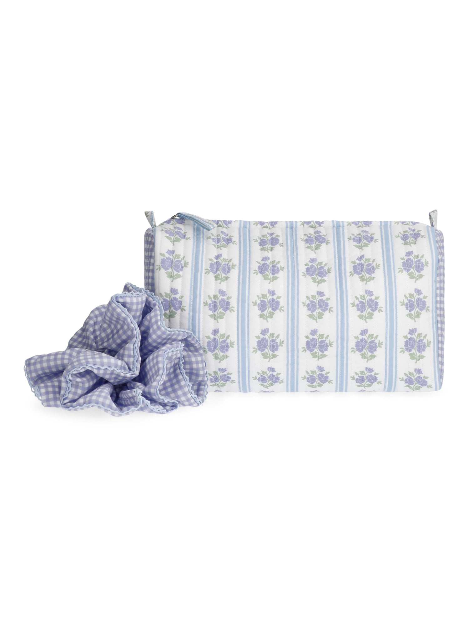 No Boundaries Women's Quilted Pouch and Hair Scrunchie Set, 2-Piece, Sky and Lilac Sea Floral/Gingham