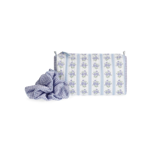 No Boundaries Women's Quilted Pouch and Hair Scrunchie Set, 2-Piece, Sky and Lilac Sea Floral/Gingham