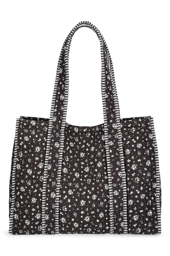 Women's Quilted Tote Bag, Black Ditsy/Stripe