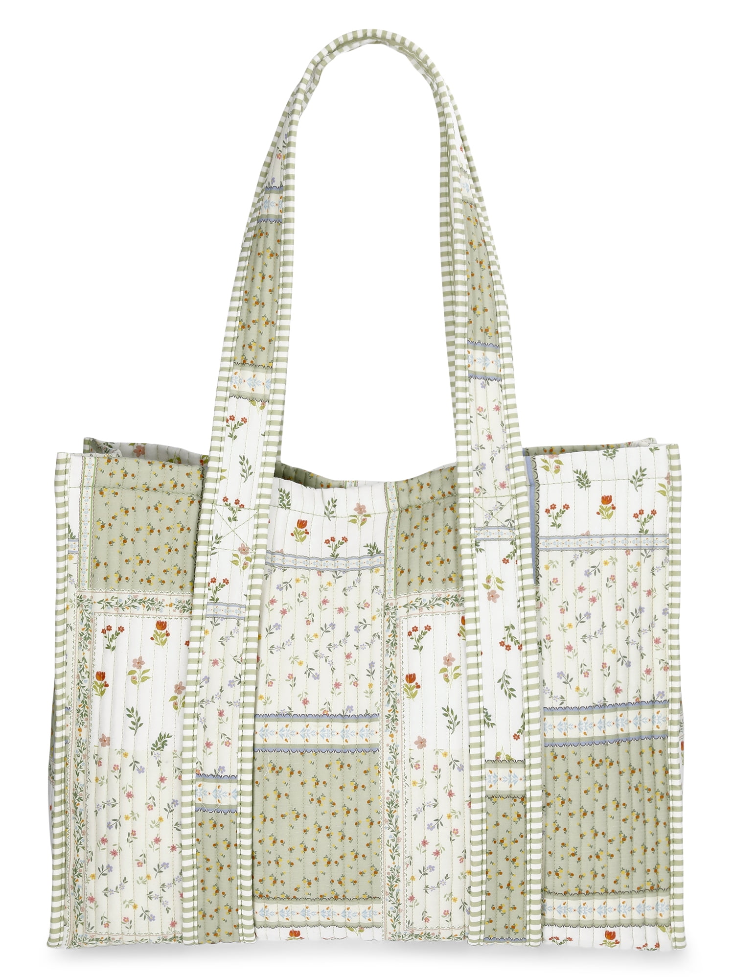 No Boundaries Women's Quilted Tote Bag, Green Patchwork/Stripe