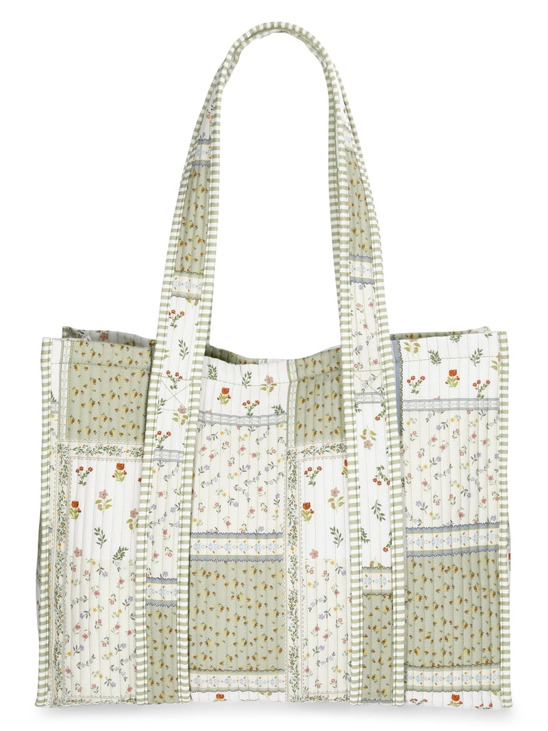 No Boundaries Women's Quilted Tote Bag, Green Patchwork/Stripe
