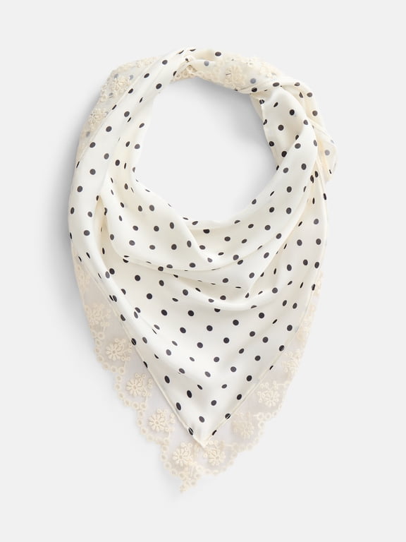 Women's Triangle Scarf with Lace Trim, Cream Dot