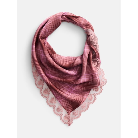 No Boundaries Women's Triangle Scarf with Lace Trim, Pink Plaid