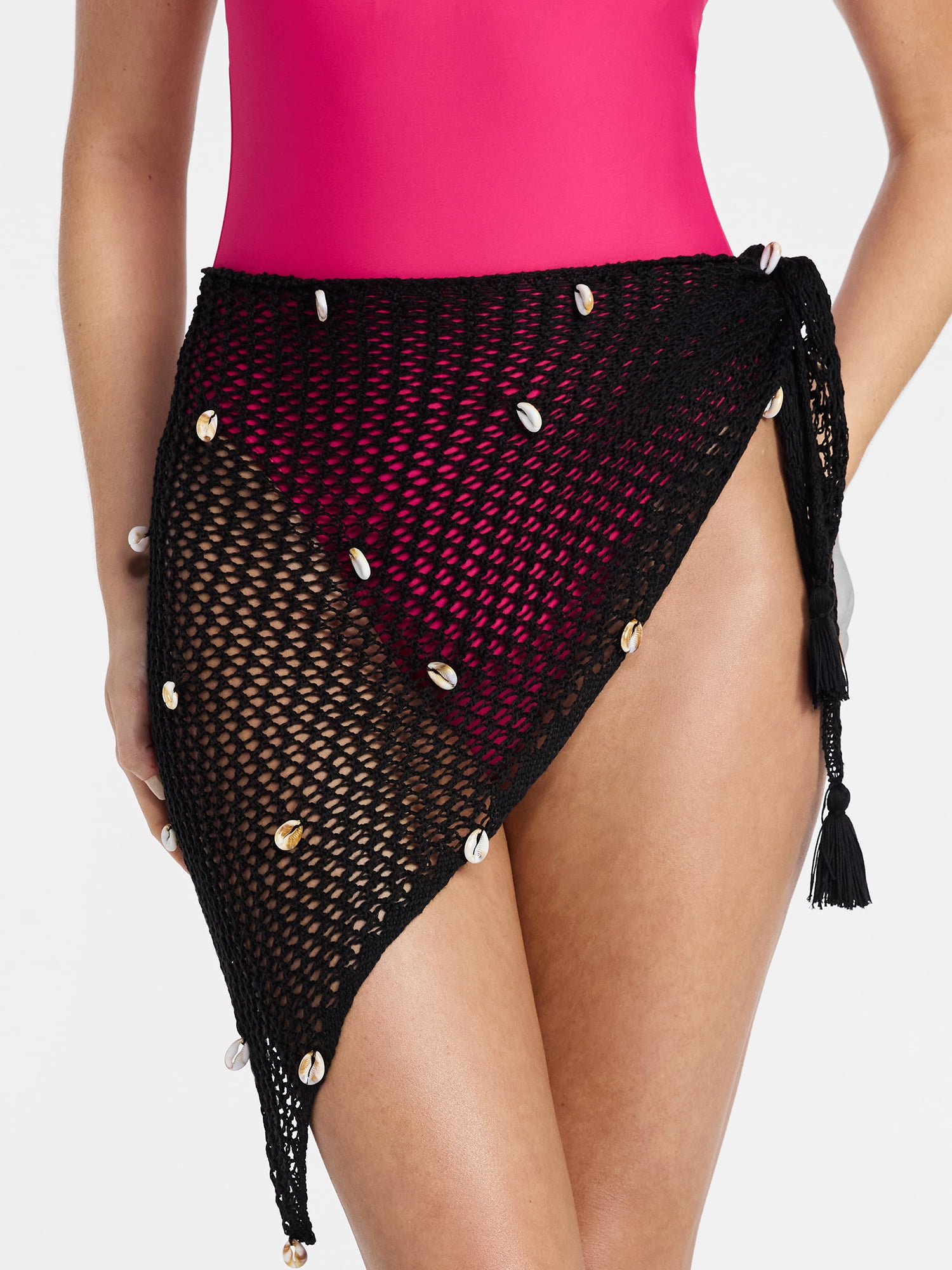 No Boundaries Fishnet Pareo with Faux Shells, One Size, Black Soot, Women's