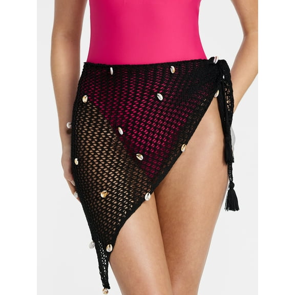No Boundaries Fishnet Pareo with Faux Shells, One Size, Black Soot, Women's