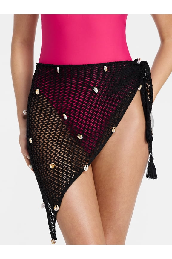 Fishnet Pareo with Faux Shells, One Size, Black Soot, Women's