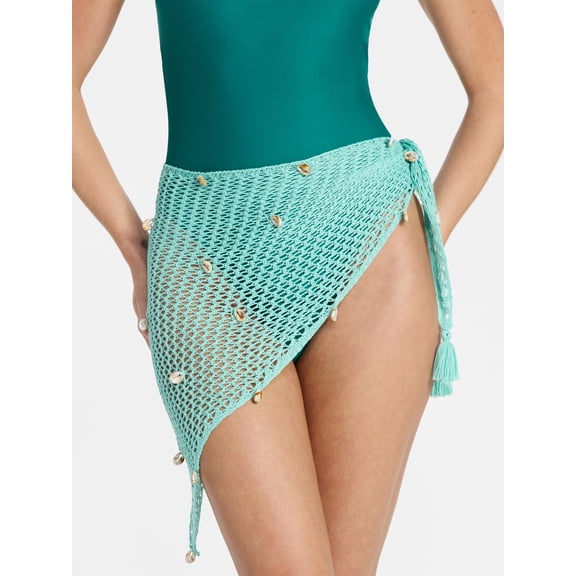 No Boundaries Fishnet Pareo with Faux Shells, One Size, Verdant Jade, Women's