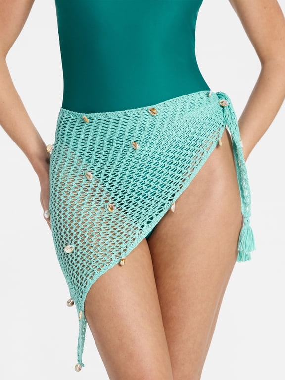 Fishnet Pareo with Faux Shells, One Size, Verdant Jade, Women's