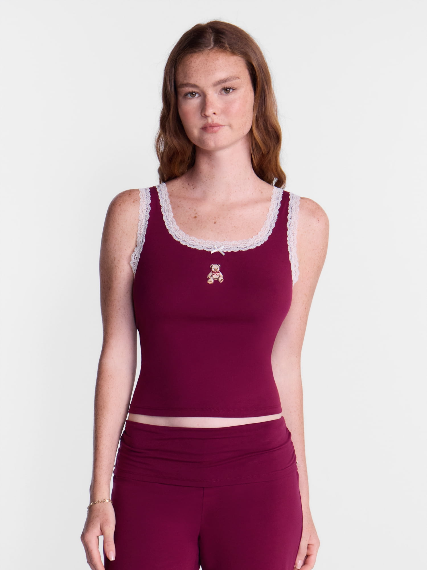 No Boundaries Cotton Blend Jersey Sleep Lace Tank Top, Women’s XXS-3X