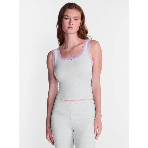 No Boundaries Cotton Blend Jersey Sleep Lace Tank Top, Women’s XXS-3X