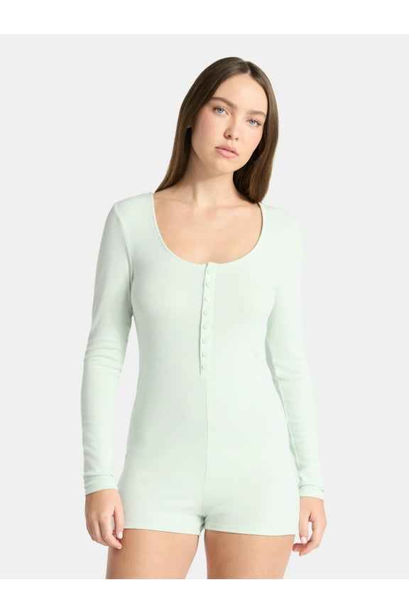 Button Front Sleep Romper with Long Sleeves, Women’s and Women's Plus, XS-4X