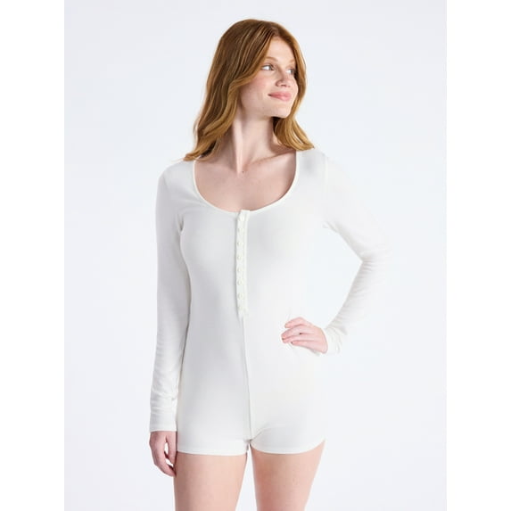 No Boundaries Button Front Sleep Romper with Long Sleeves, Women’s and Women's Plus, XS-4X