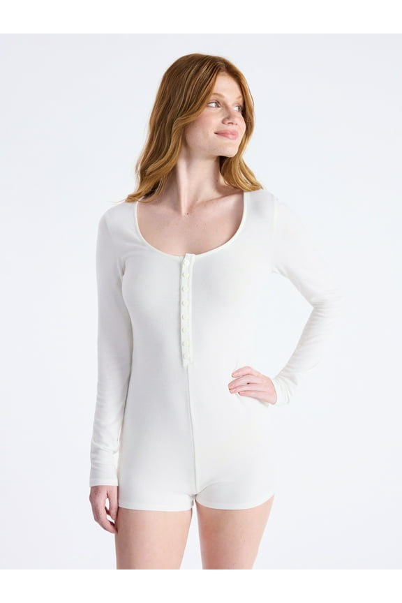 Button Front Sleep Romper with Long Sleeves, Women’s and Women's Plus, XS-4X