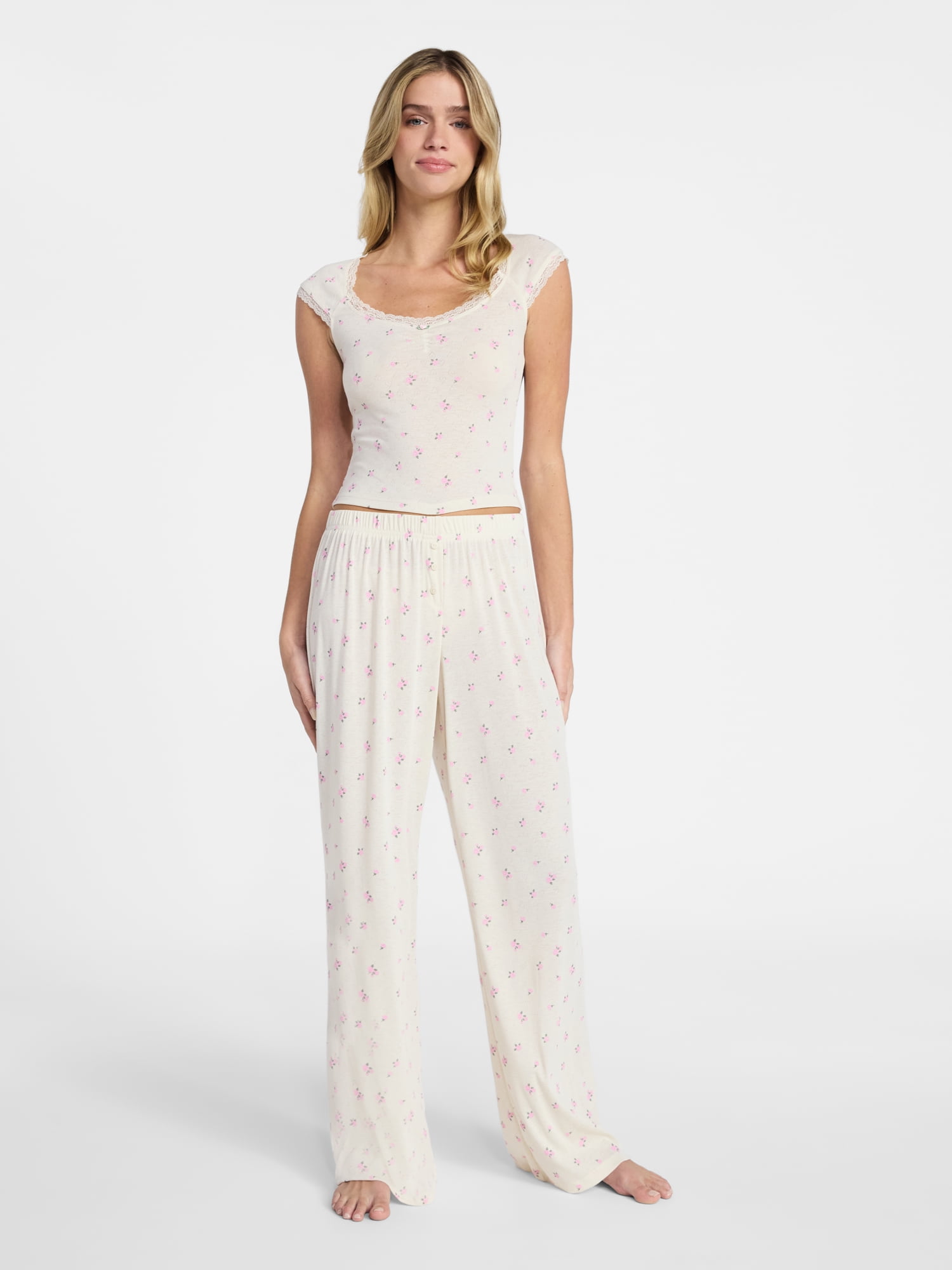 No Boundaries Sleep Pointelle Baby Tee and Pants Set, 2-Piece, Women’s XXS-3X