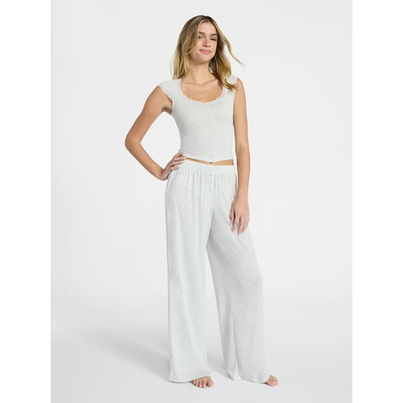 No Boundaries Sleep Pointelle Baby Tee and Pants Set, 2-Piece, Women’s XXS-3X