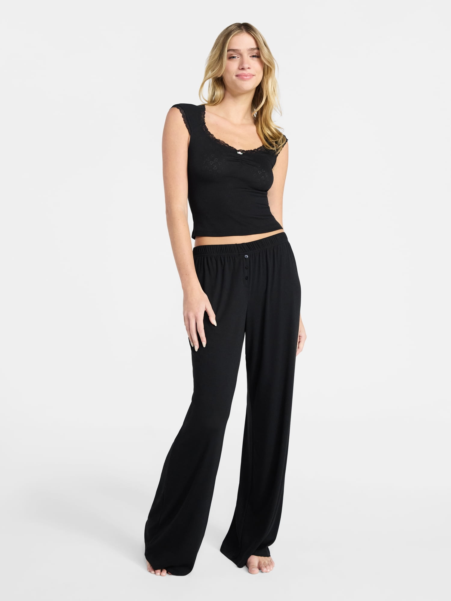 No Boundaries Sleep Pointelle Baby Tee and Pants Set, 2-Piece, Women’s XXS-3X