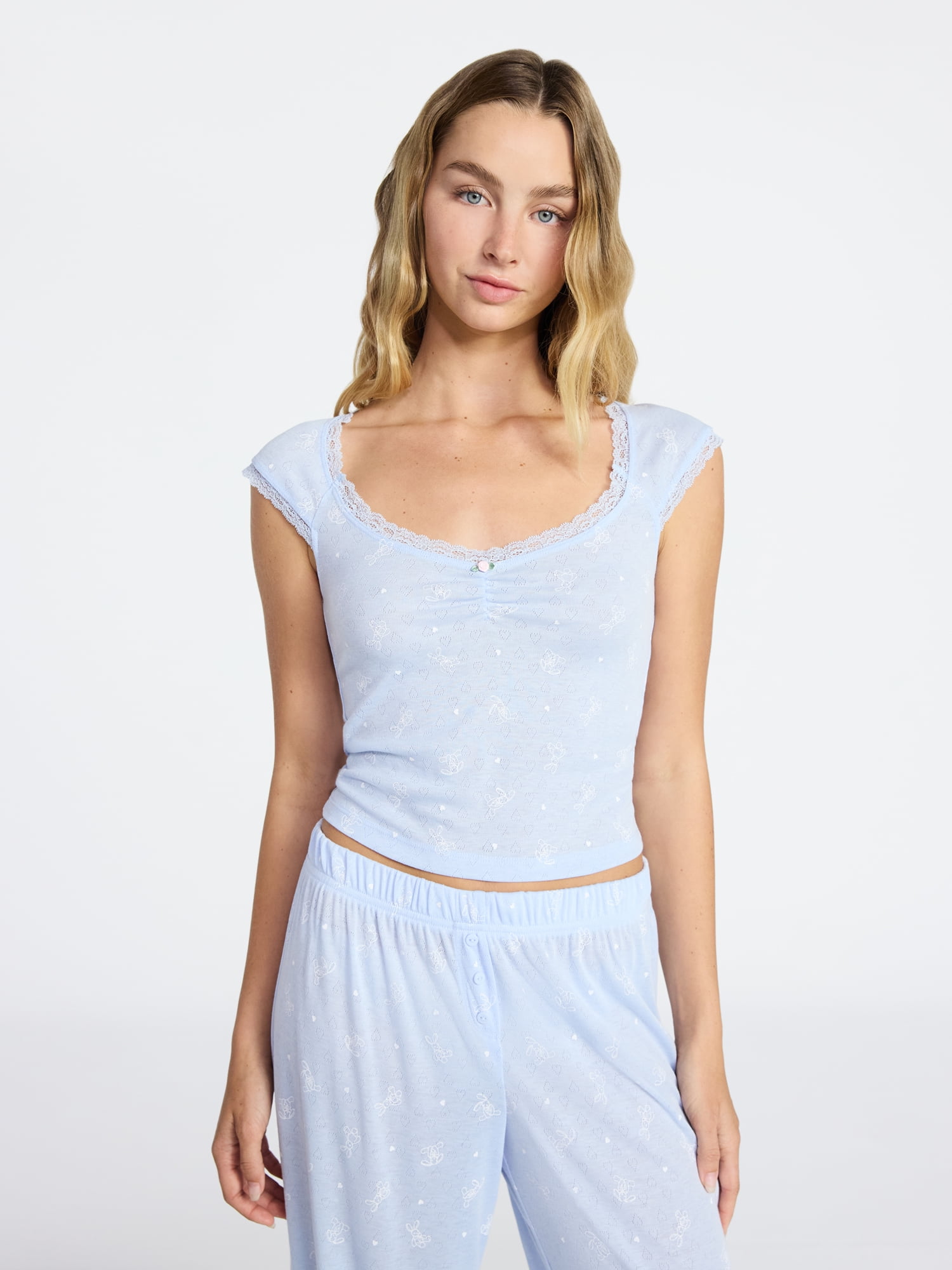 No Boundaries Sleep Pointelle Knit Baby Tee, Women’s XXS-3X