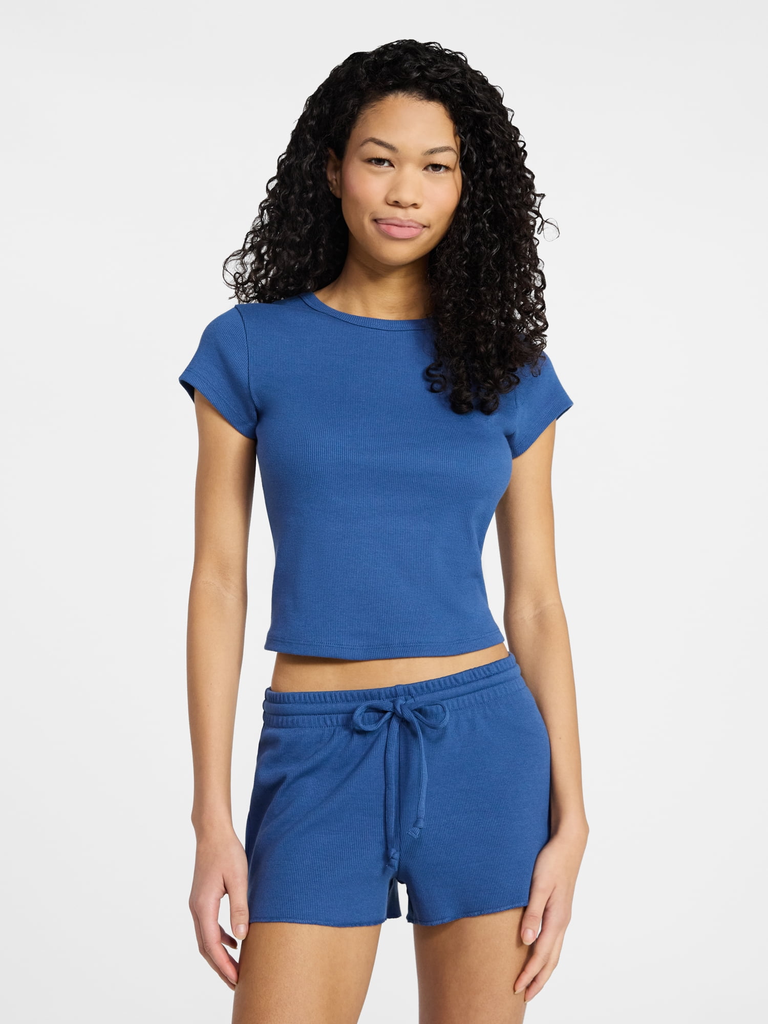 No Boundaries Sleep Ribbed Tee and Shorts Set, 2-Piece, Women’s XXS-3X