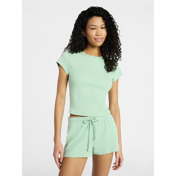 No Boundaries Sleep Ribbed Tee and Shorts Set, 2-Piece, Women’s XXS-3X