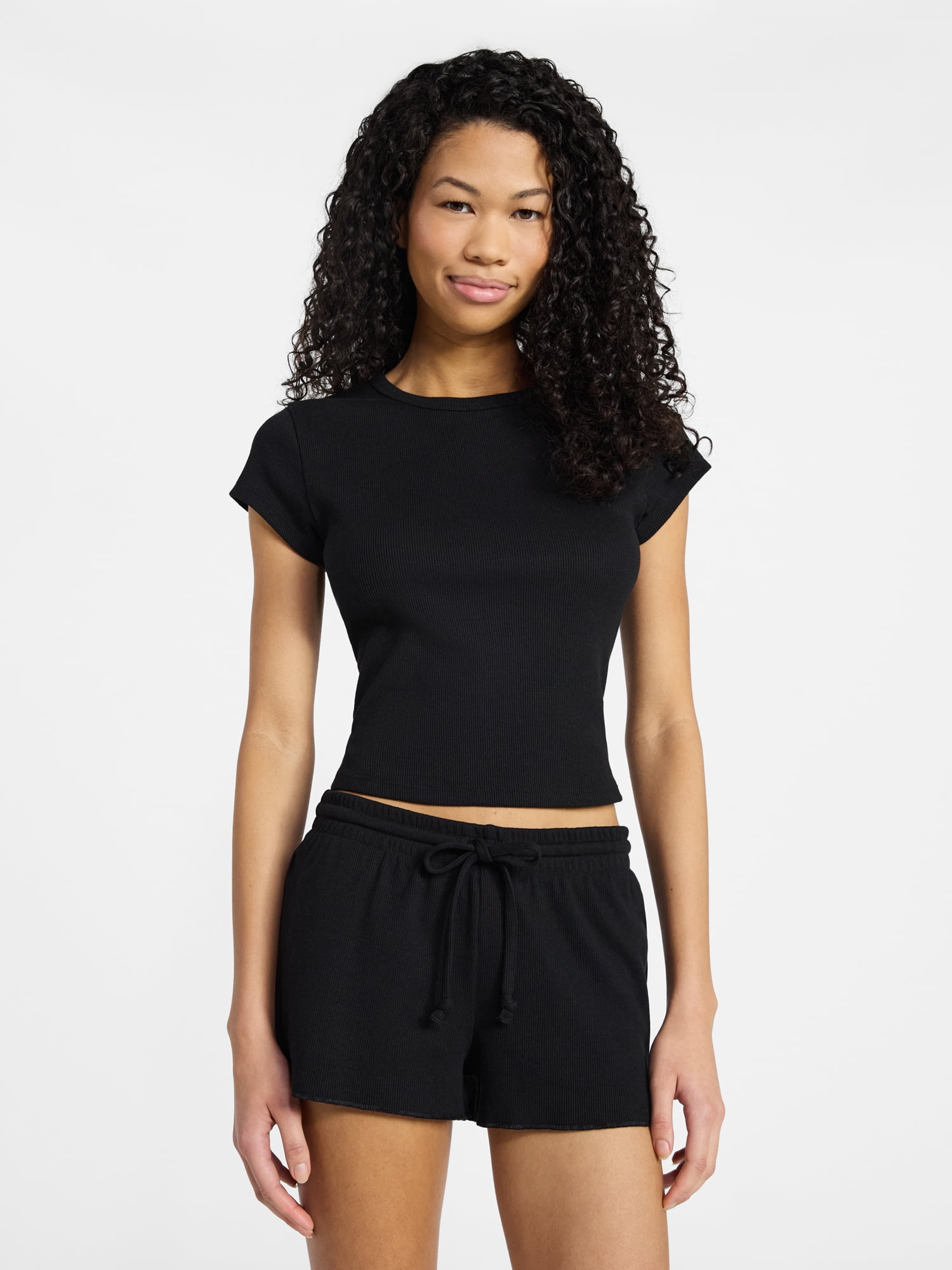 No Boundaries Sleep Ribbed Tee and Shorts Set, 2-Piece, Women’s XXS-3X