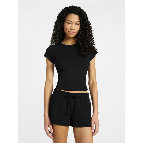 No Boundaries Sleep Ribbed Tee and Shorts Set, 2-Piece, Women’s XXS-3X