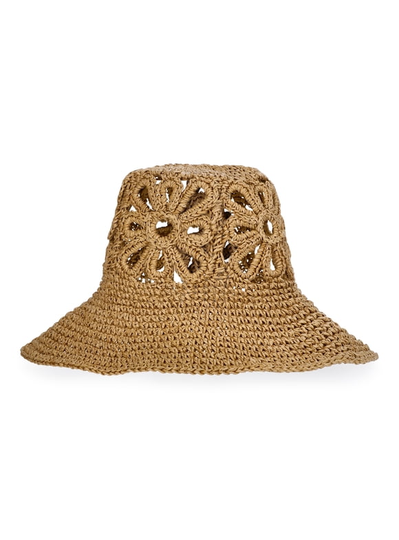 Floral Straw Bucket Hat, Women's, Natural