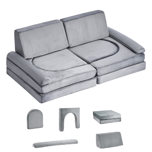 NOBOLEA 10-Piece Modular Play Sofa for Kids, Transformable Foam Couch Set with Fleece, Creative Playroom Furniture, Grey Washable Cover