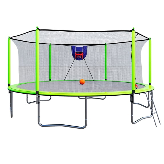 NOBOLEA 15FT Trampoline with Basketball Hoop Inflator and Ladder, ASTM Certified Outdoor Trampoline with Safety Enclosure Net - Green