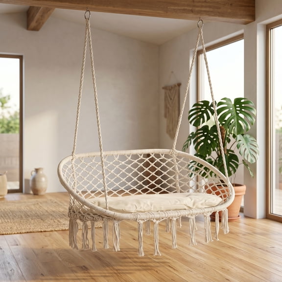 NOBOLEA 2 Person Macrame Hanging Chair with Soft Cushion, Large Double Hammock Swing Chair with Tassels, 700lbs Capacity Indoor Outdoor Hanging Chair for Patio Balcony Bedroom Garden