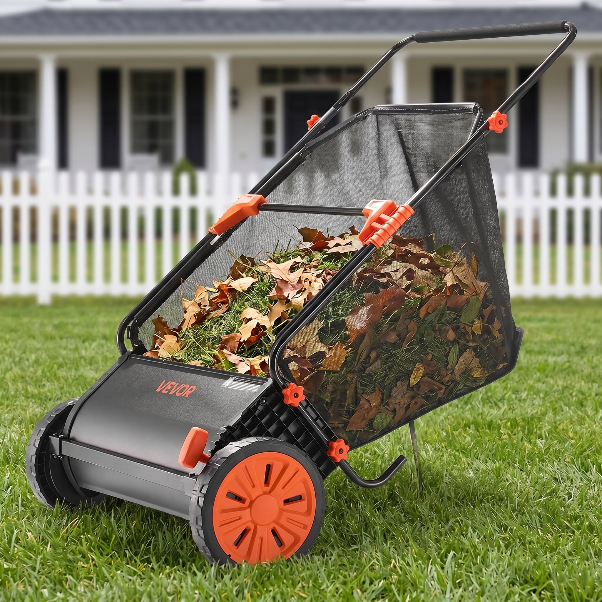 NOBOLEA 26" Push Lawn Sweeper, 7 Cu Ft Leaf & Grass Collector with Adjustable Brushes, Heavy Duty Yard Sweeper with Rubber Wheels for Outdoor Lawn Cleanup