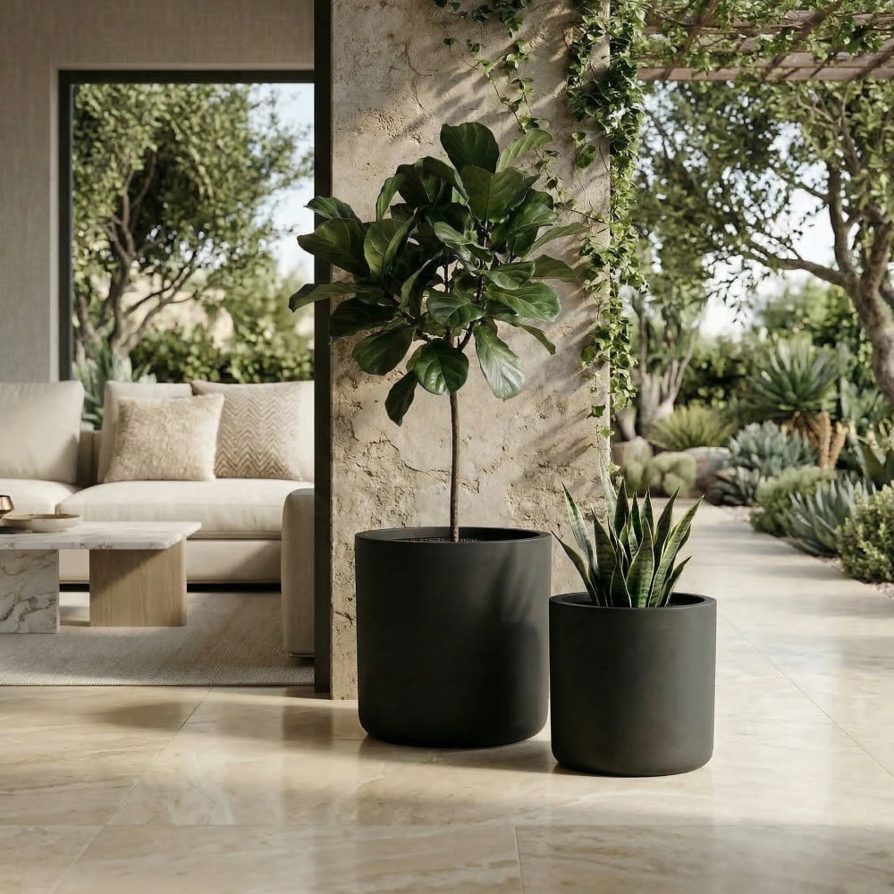 NOBOLEA 2Pcs Round Concrete Planter, Large Indoor/Outdoor Flower Pots with Drainage Hole for Plants for Home Garden Patio, 13" x 13" & 16" x 16"