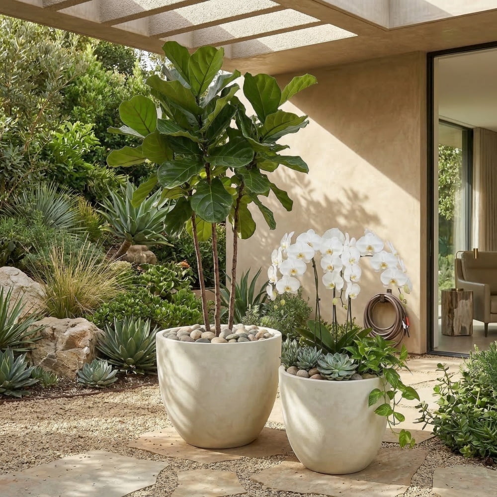 NOBOLEA 2Pcs Round Concrete Planter, Large Indoor/Outdoor Flower Pots with Drainage Hole for Plants for Home Garden Patio, 13" x 13" & 16" x 16"