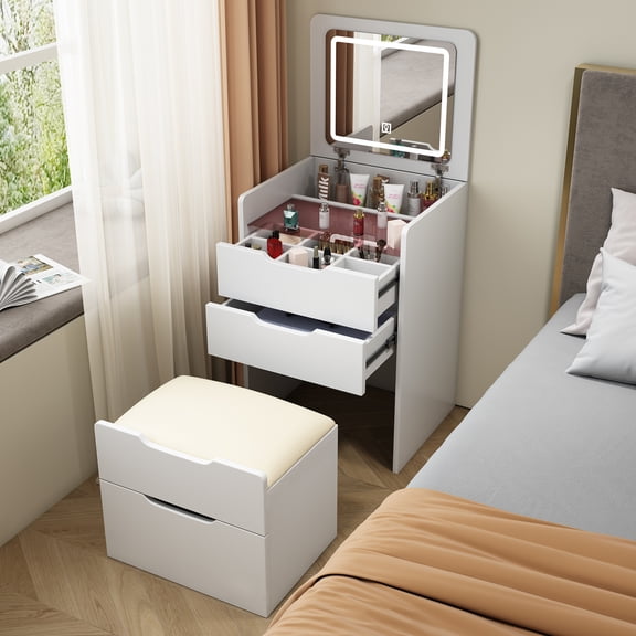NOBOLEA 3-in-1 White Vanity Desk with Flip-Top Lighted Mirror, Compact Makeup Table with Glass Desktop, 3 Drawers & Stool for Bedroom, Small Space