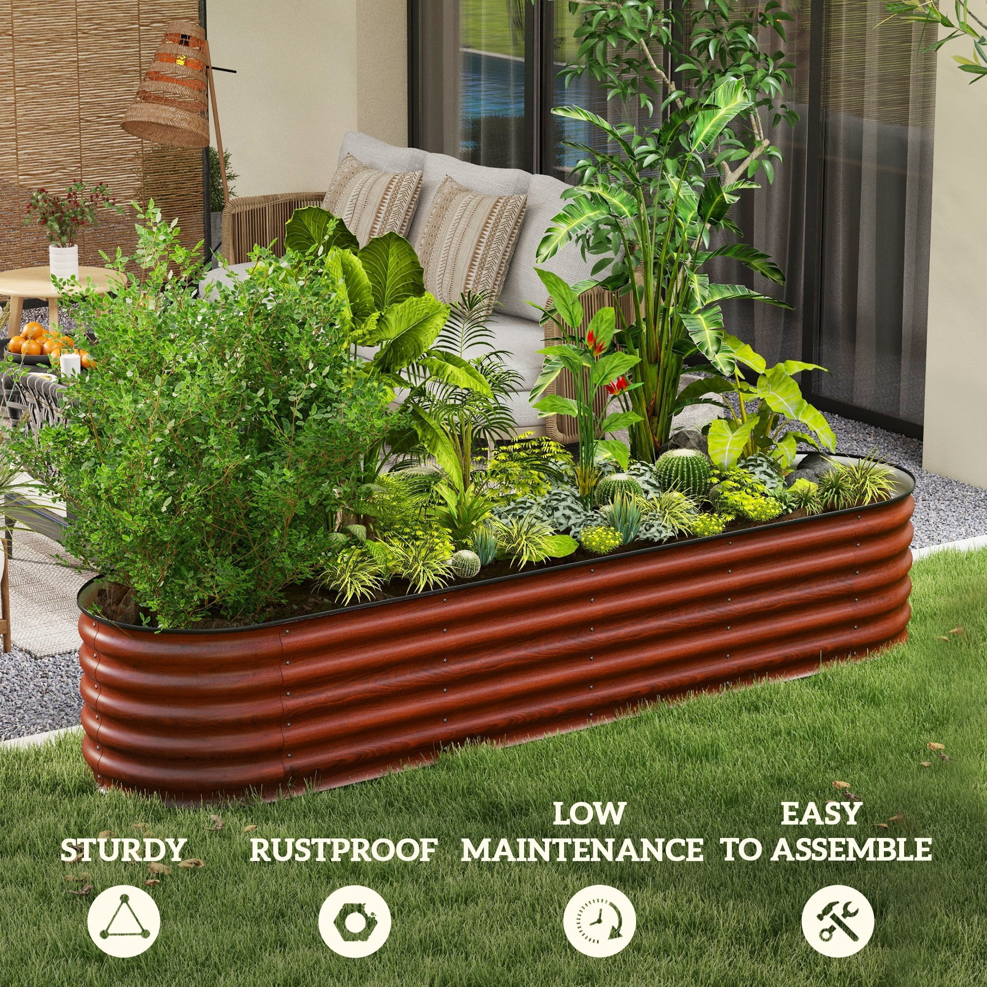 NOBOLEA 8' Galvanized Raised Garden Bed, Outdoor Metal Planter Box with Safety Edging, Modular DIY Elevated Planter Kit for Flowers Herbs Vegetables, Brown