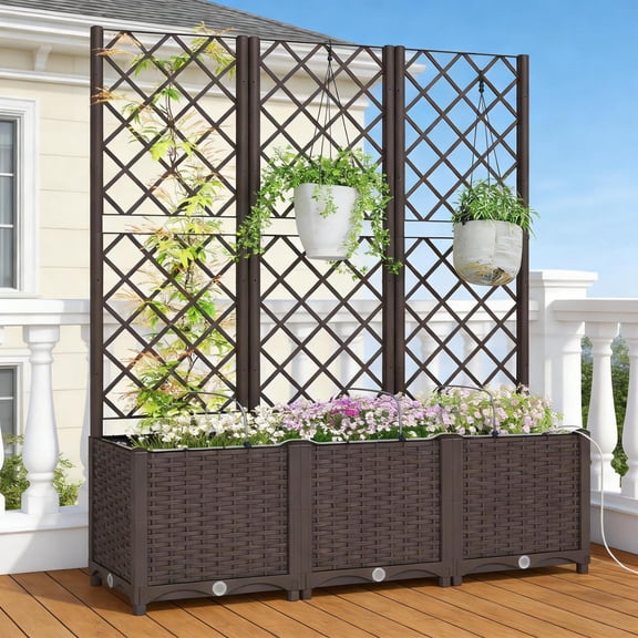 NOBOLEA Auto-Watering Modular Garden Bed with Trellis, Large Rattan Planter Box with Reservoir for Climbing Plants, Brown