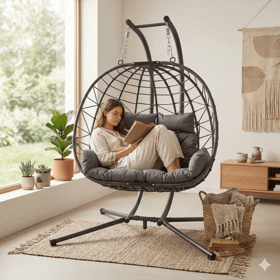 NOBOLEA Double Hanging Egg Chair with Stand, 2-Person Patio Hammock Swing Chair with Cushion & Headrest, Indoor Outdoor Wicker Loveseat for Balcony, Garden