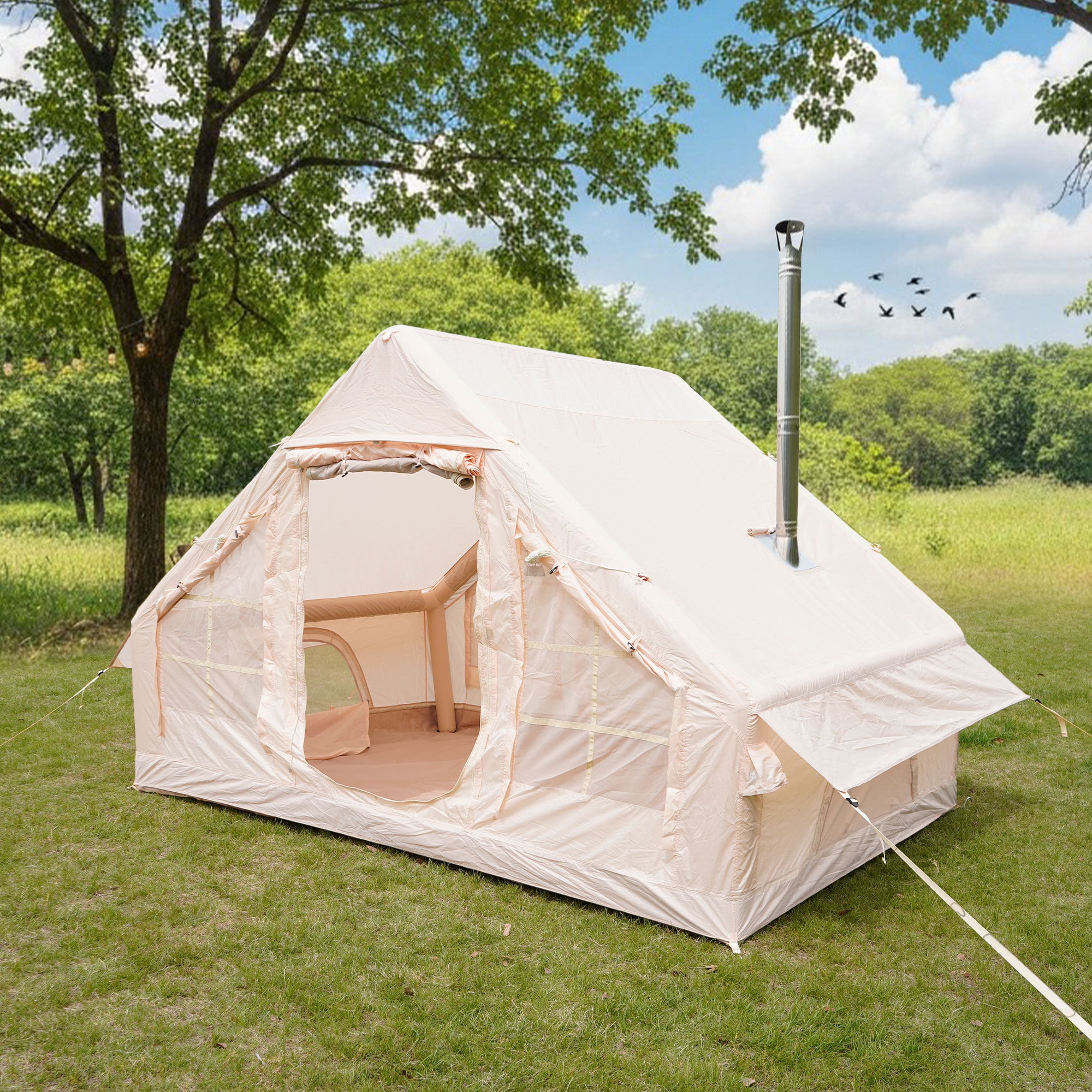 NOBOLEA Inflatable Camping Tent, Air Glamping Tents 2-4 Person with Stove Jack, Quick Setup Blow Up Tent with Mesh Windows for 4 Season Outdoor Glamping
