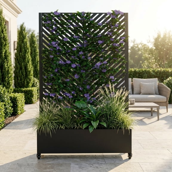 NOBOLEA Metal Planter Box with Trellis, Raised Garden Bed with Lockable Wheels & Drainage Holes, Outdoor Privacy Screen Planter for Climbing Plants/Vegetables/Vines
