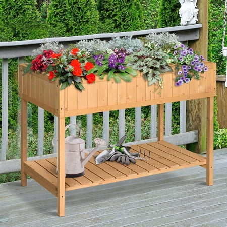 NOBOLEA Outdoor 8-Grid Raised Garden Bed, Ergonomic Wooden Planter Box with Storage Shelf, Waterproof Flower Herb Vegetable Grow Kit for Patio Backyard
