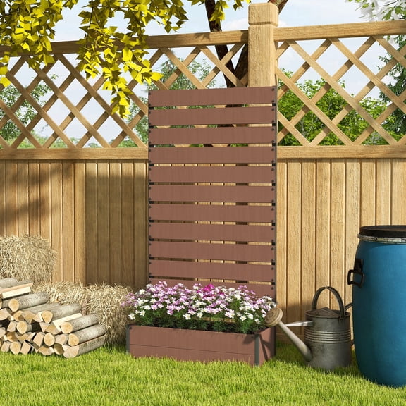 NOBOLEA Raised Garden Bed with Trellis, WPC Planter Box with Self-Draining Gap, Freestanding Trellis Planter for Climbing Plants, Outdoor Patio Deck, Light Brown