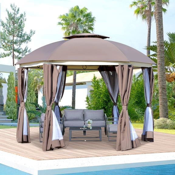 NOBOLEA Round Outdoor Gazebo Canopy, Double Roof Patio Dome with Mesh Netting & Curtains, Steel Frame Party Tent for Garden, Backyard, 12' x 12' Brown