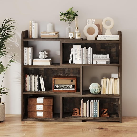 NOBPEINT Wooden Expandable Bookcase, 3-Tier Ladder Open Storage Bookshelf, Storage Organizer Bookcase for Study Office Living Room, Brown