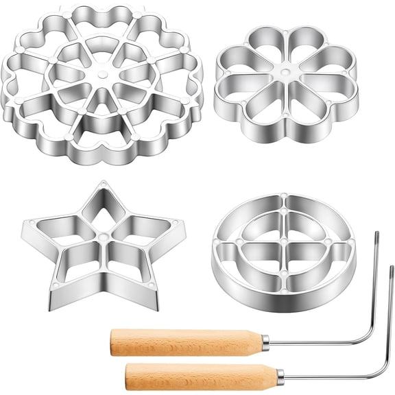 NOBRAND 6 Pcs Rosette Iron Mold Set Bunuelos Mold with Handle Cooking Stamp Maker Kit Cookie Cutter Aluminum Alloy Waffle Maker with 3 Interchangeable Head Star Flower Circle(Wood)