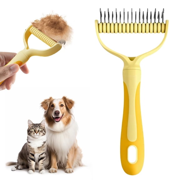NOBRAND Double Sided Dematting Comb for Cats and Dogs, 2-in-1 Deshedding and Detangling Rake, Undercoat Matt Remover for Long Thick Hair, Pet Grooming Brush, Lint Remover (Yellow)