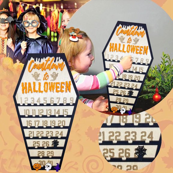 NOBRAND Halloween Decor Scary Halloween Advent Countdown Calendar DIY Moving Wooden Block/Number, Halloween Home Decor Holiday Ornament Desk Decoration Gift, Family Wall Hanging Detachable