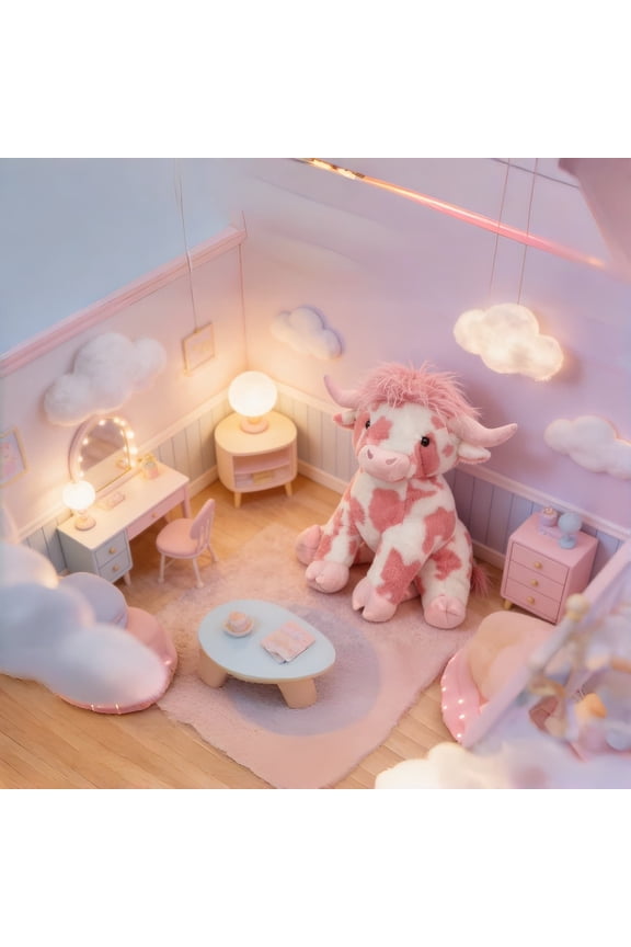 Highland Cow Stuffed Animal Toy, Adorable Highland Cow Plush, Pink Cow Plush Toy, Farm Animal Cattle Plush Decor Gifts for 3+ Year Old (Pink Cow)